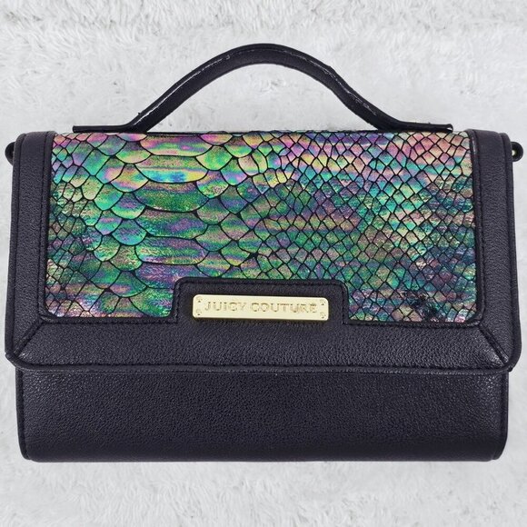 JUICY COUTURE Black PVC Leather Faux Snakeskin Organizer Crossbody Top Handle - Picture 1 of 14
